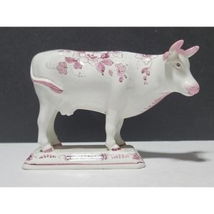 RARE LARGE CERAMIC POLYCHROME COW WITH HAND PAINTED PINK FLORAL VINTAGE